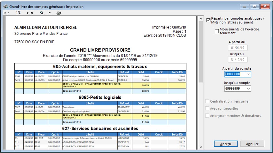 Grand Livre Analytique : Impression