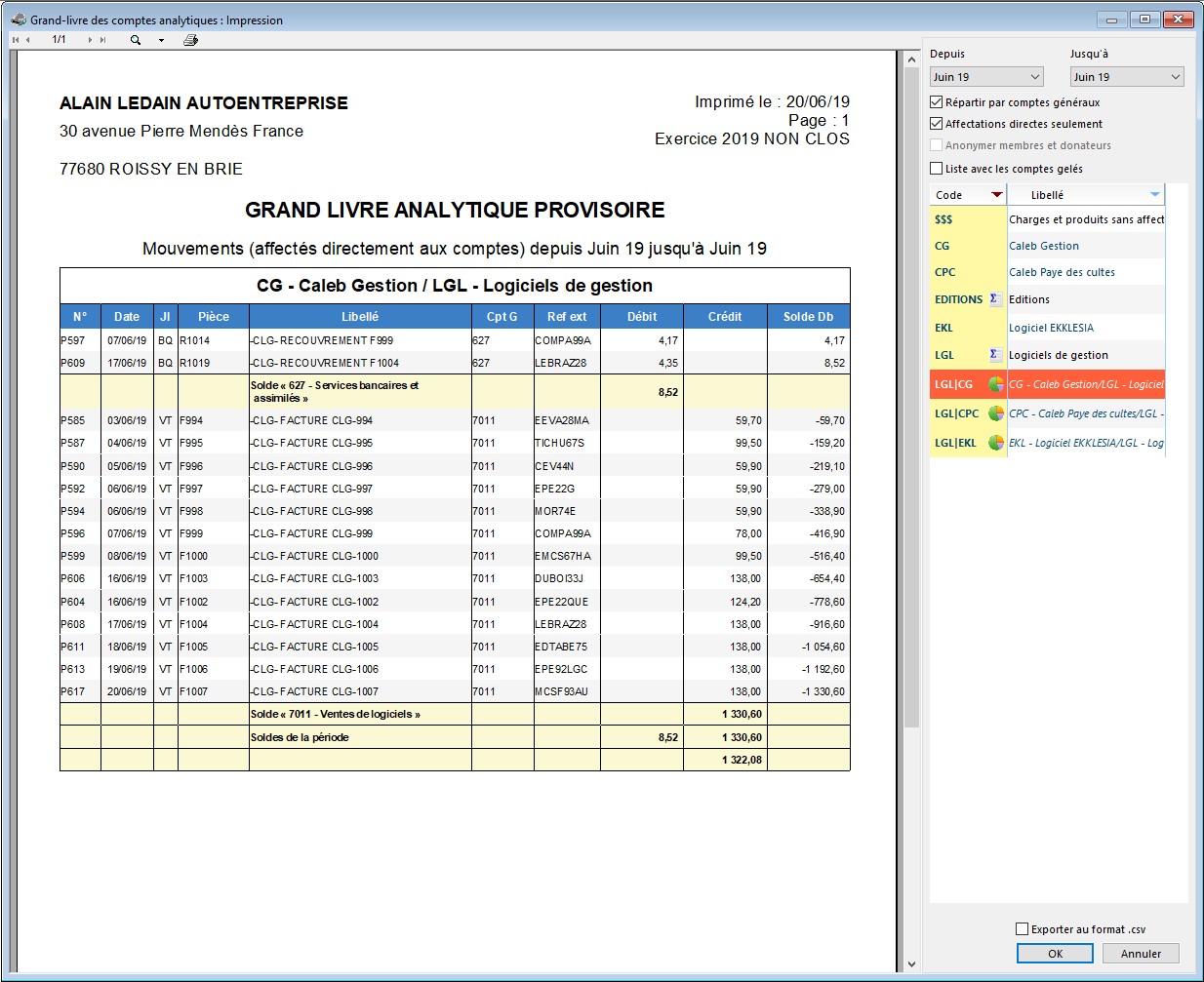 Grand Livre Analytique : Impression